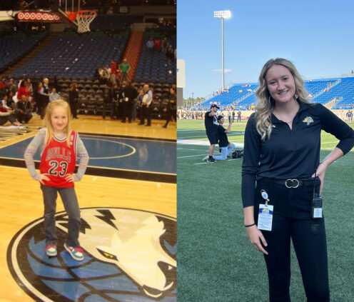 Side by side photo of Cadence when she was young, probably 7 or 8, standing with a Chicago Bulls jersey on in the middle of the MN Timberwolves court. On the other side, is her current day, working at an SDSU Football game.