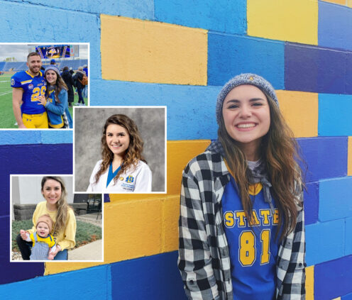 Collage of Hanna Eide that includes a photo of her wearing an SDSU football jersey infront of blue and yellow wall, a photo of her and her husband at an SDSU football game, a photo of her nursing headshot and a photo of her and her son, Baylen.