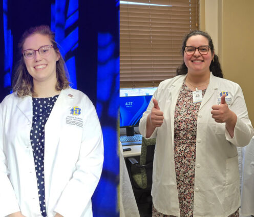 Photo 1: Emily Tisler stands proud in her pharmacy white coat. Photo 2: Natalie Nunez smiles with her thumbs up while she poses in her pharmacy white coat.