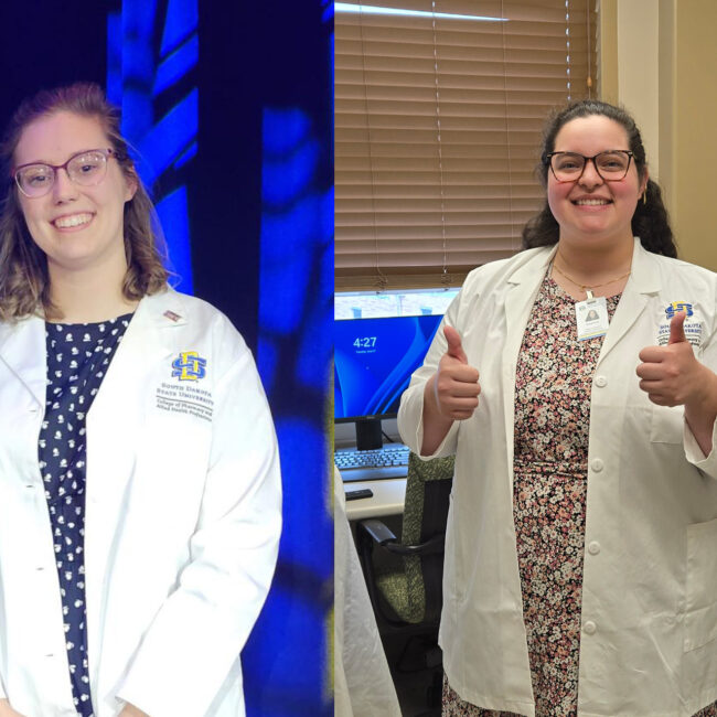 Photo 1: Emily Tisler stands proud in her pharmacy white coat. Photo 2: Natalie Nunez smiles with her thumbs up while she poses in her pharmacy white coat.