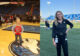 Side by side photo of Cadence when she was young, probably 7 or 8, standing with a Chicago Bulls jersey on in the middle of the MN Timberwolves court. On the other side, is her current day, working at an SDSU Football game.