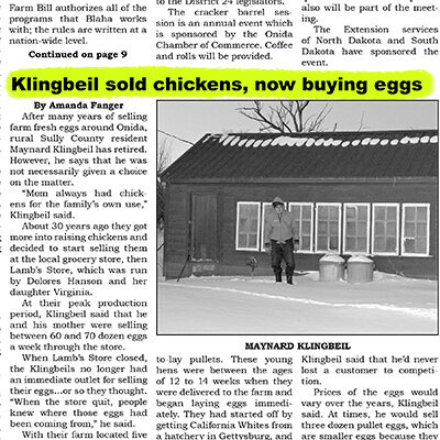 Newspaper clipping that reads "Klingbeil sold chickens, now buying eggs"