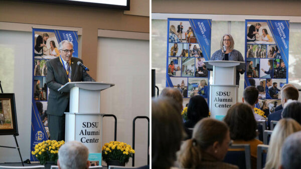 Left photo shows President Barry Dunn speaking to the crowd. Right photo shows Dean Lynn Sargeant speaking to the crowd.