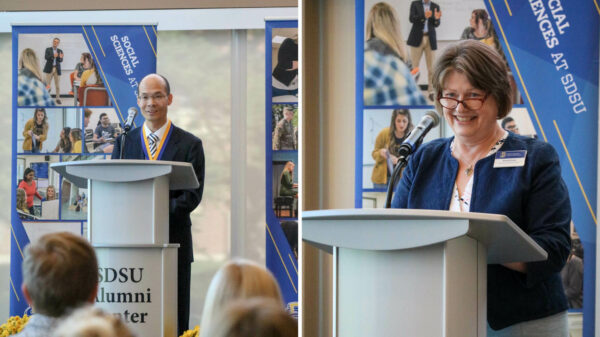 Left photo shows Dr. Wang speaking to the crowd. Right photo shows Eluned Jones, director of Ness School of Management and Economics, speaking to the crowd.