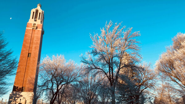 Photo of frosty Campanile, framed by frosty trees.