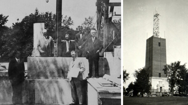 Old historic photos of the Coughlin Campanile. First photo is the laying of the cornerstone. Second photo is of the Campanile being built, showing scaffolding and the building being erected.
