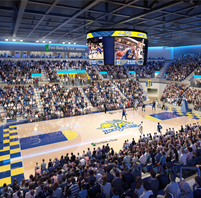 Rendering of the First Bank and Trust Arena at max capacity, filled with Jackrabbit fans.