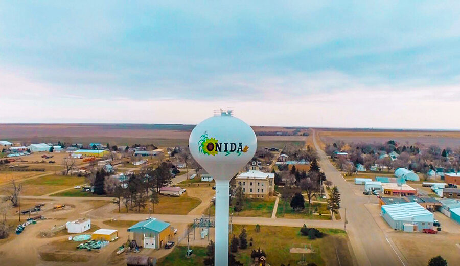 Aerial photo of Onida water tower, overlooking the town