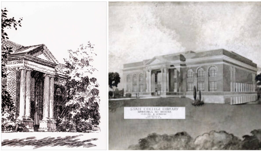 Line drawing and architect drawing of Lincoln Memorial Library
