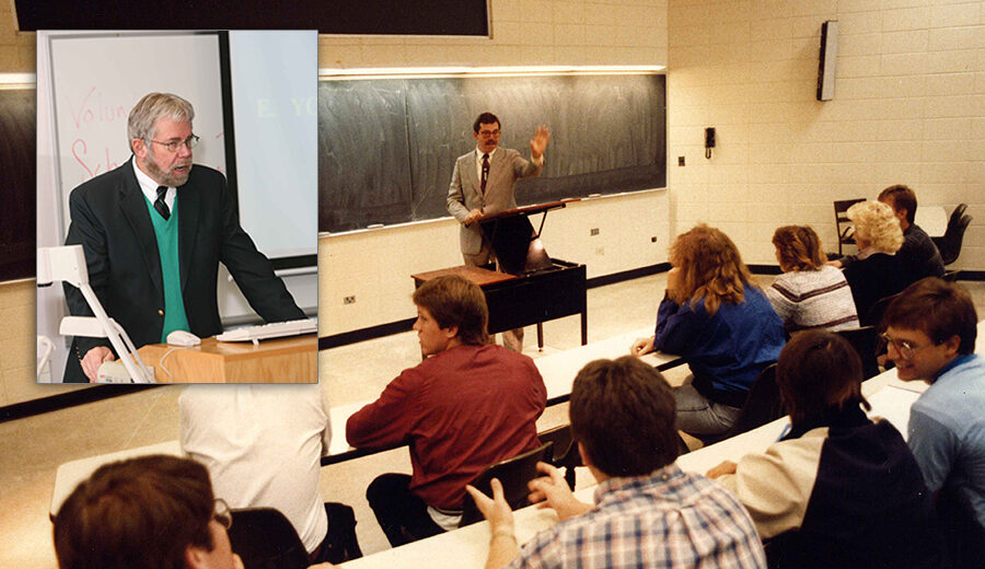 Pat Lyons instructing at the front of a classroom in the 1970's.