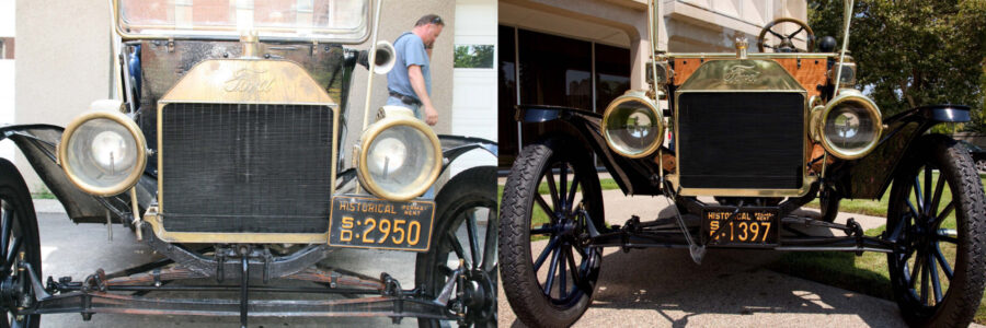 Before and after photos of the Bummobile during its restoration in 2009.