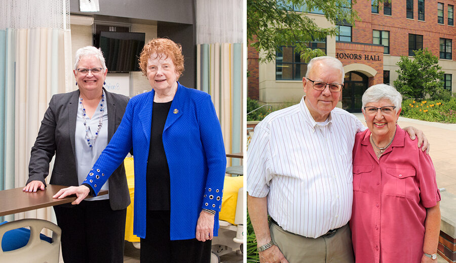 Left photo: Mary Anne Krogh stands smiling next to Roberta Olson in a skills lab classroom. Right photo: Dan Kemp smiles with his arm around Michele Kemp, standing outside in the Honors Hall courtyard.